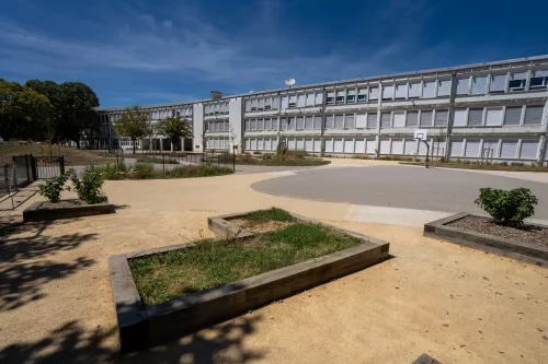 A schoolyard with light coatings on the ground
